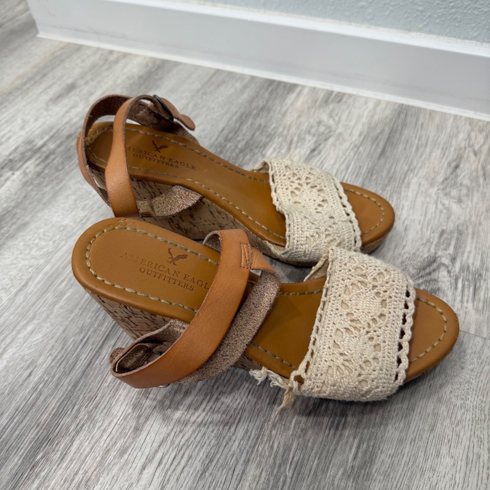 American Eagle Outfitters Crochet Lace Cork Wedge Sandals Brown Cream Boho